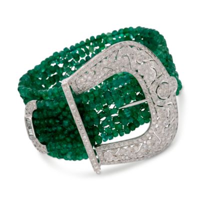 160.00 ct. t.w. Emerald Bead and 4.70 ct. t.w. Diamond Buckle Bracelet in 18kt White Gold. 7" &mdash; Alt Image 1