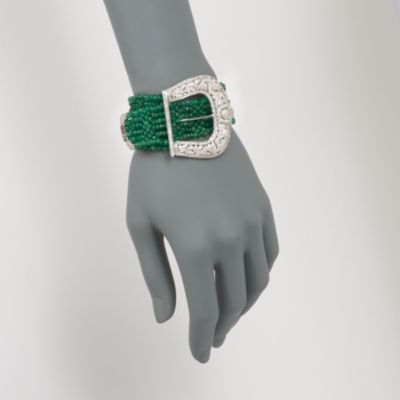 160.00 ct. t.w. Emerald Bead and 4.70 ct. t.w. Diamond Buckle Bracelet in 18kt White Gold. 7" &mdash; Alt Image 2