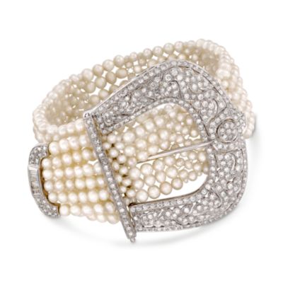 4.70 ct. t.w. Diamond and Cultured Pearl Buckle Bracelet In 18kt White Gold. 7" &mdash; Alt Image 1