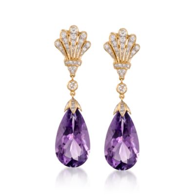 C. 2000. Vintage 24.00 ct. t.w. Amethyst and 1.40 ct. t.w. Diamond Drop Earrings In 14kt Yellow Gold &mdash; Alt Image 1