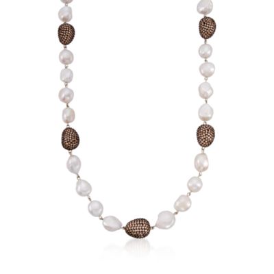 Baroque Pearl and 19.50 ct. t.w. Pave Champagne CZ Bead Necklace in Sterling Silver . 48" &mdash; Alt Image 1