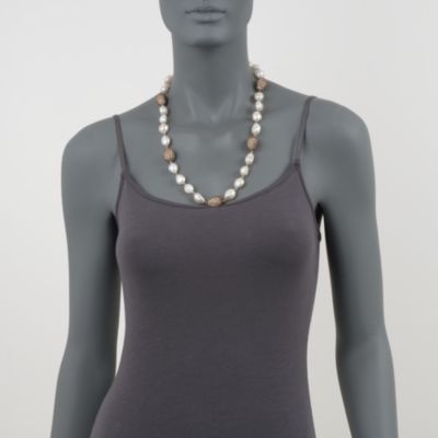 Baroque Pearl and 19.50 ct. t.w. Pave Champagne CZ Bead Necklace in Sterling Silver . 48" &mdash; Alt Image 2