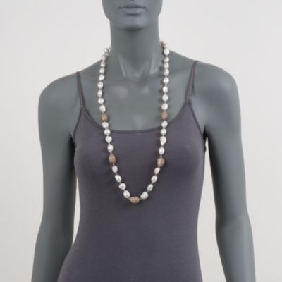 Baroque Pearl and 19.50 ct. t.w. Pave Champagne CZ Bead Necklace in Sterling Silver . 48" &mdash; Alt Image 3