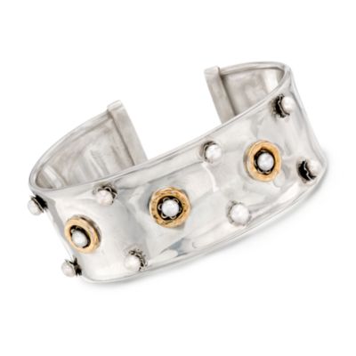 4mm Cultured Pearl Cuff Bracelet In Sterling Silver and 18kt Yellow Gold &mdash; Alt Image 1