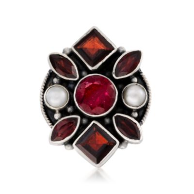4.05 Carat Ruby and 5.10 ct. t.w. Garnet Mosaic Ring With 5mm Cultured Pearls in Sterling Silver &mdash; Alt Image 1