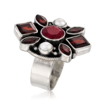 4.05 Carat Ruby and 5.10 ct. t.w. Garnet Mosaic Ring With 5mm Cultured Pearls in Sterling Silver &mdash; Alt Image 3