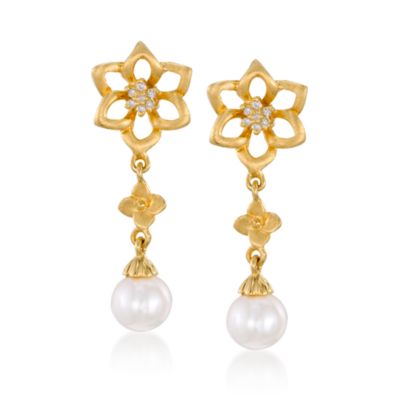 Floral 8mm Pearl Drop Earrings in Vermeil &mdash; Alt Image 1
