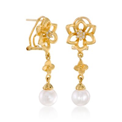 Floral 8mm Pearl Drop Earrings in Vermeil &mdash; Alt Image 3