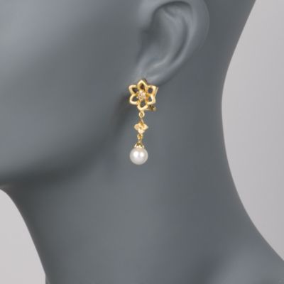 Floral 8mm Pearl Drop Earrings in Vermeil &mdash; Alt Image 2