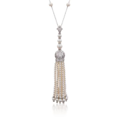 3.5-10mm Cultured Pearl and 4.30 ct. t.w. Diamond Tassle Necklace in 18kt White Gold. 25.5" &mdash; Alt Image 1