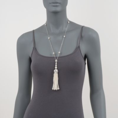 3.5-10mm Cultured Pearl and 4.30 ct. t.w. Diamond Tassle Necklace in 18kt White Gold. 25.5" &mdash; Alt Image 2