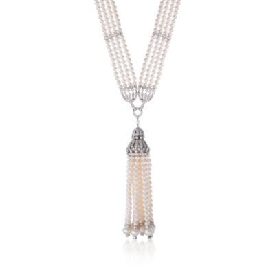 3.5-6mm Cultured Pearl and 3.70 ct. t.w. Diamond Tassel Necklace in 18kt White Gold. 17.25" &mdash; Alt Image 1