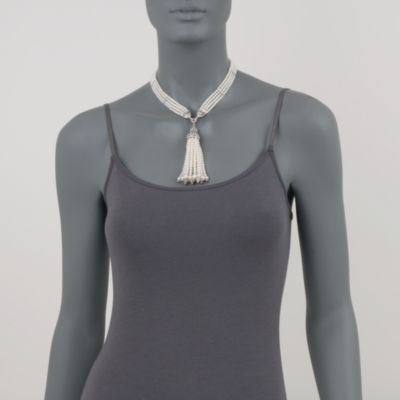 3.5-6mm Cultured Pearl and 3.70 ct. t.w. Diamond Tassel Necklace in 18kt White Gold. 17.25" &mdash; Alt Image 2