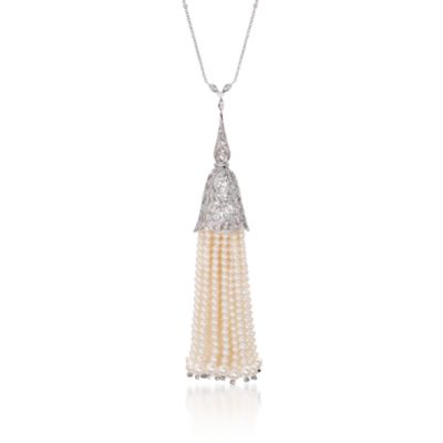3.5-6.5mm Cultured Pearl and 3.35 ct. t.w. Diamond Tassle Necklace in 18kt White Gold. 26" &mdash; Alt Image 1