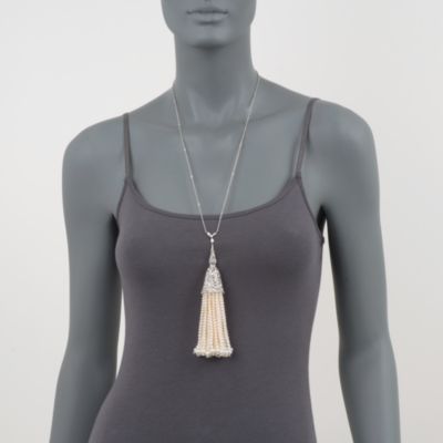 3.5-6.5mm Cultured Pearl and 3.35 ct. t.w. Diamond Tassle Necklace in 18kt White Gold. 26" &mdash; Alt Image 2