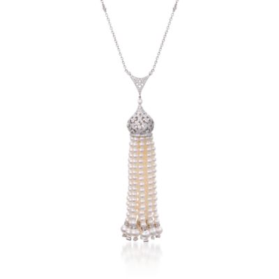 Cultured Pearl and 2.95 ct. t.w. Diamond Tassel Necklace in 18kt White Gold &mdash; Alt Image 1