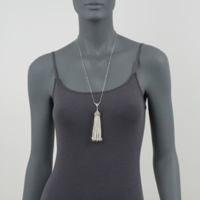 Cultured Pearl and 2.95 ct. t.w. Diamond Tassel Necklace in 18kt White Gold &mdash; Alt Image 2
