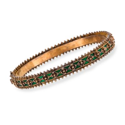 C. 1995 Vintage British Hallmark 18kt Yellow Gold Bangle Bracelet With Green Enamel. 6.5" &mdash; Alt Image 1
