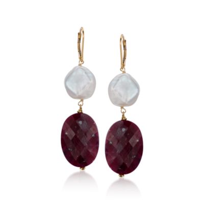 50.00 ct. t.w. Ruby and 14-15mm Cultured Baroque Pearl Earrings In 14kt Yellow Gold &mdash; Alt Image 1