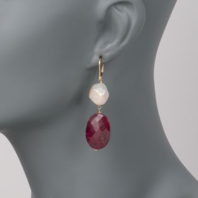 50.00 ct. t.w. Ruby and 14-15mm Cultured Baroque Pearl Earrings In 14kt Yellow Gold &mdash; Alt Image 2
