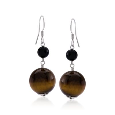 Tiger's Eye and Black Agate Bead Earrings In Sterling Silver. Earwire Earrings &mdash; Alt Image 1