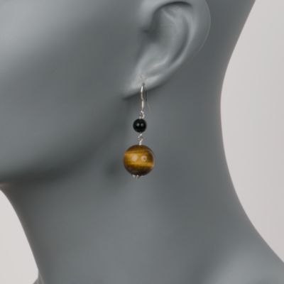 Tiger's Eye and Black Agate Bead Earrings In Sterling Silver. Earwire Earrings &mdash; Alt Image 2