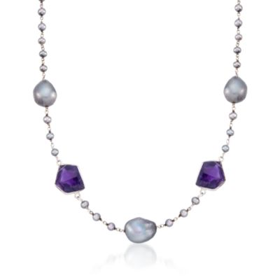 Gray Pearl and 14.40 ct. t.w. Amethyst Station Necklace in Sterling Silver. 36" &mdash; Alt Image 1