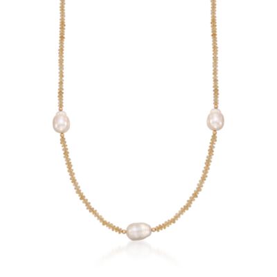90.00 ct. t.w. Citrine Bead Necklace With Baroque Cultured Pearl Stations With 14kt Yellow Gold. 36" &mdash; Alt Image 1