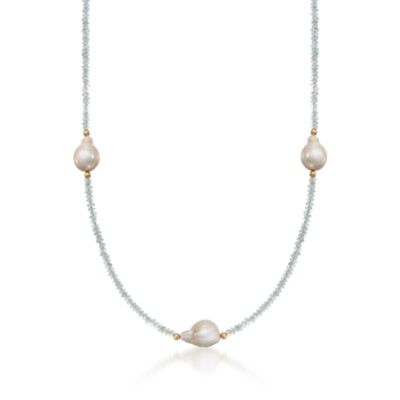 Aquamarine Bead Necklace With Baroque Pearls in 14kt Yellow Gold &mdash; Alt Image 1