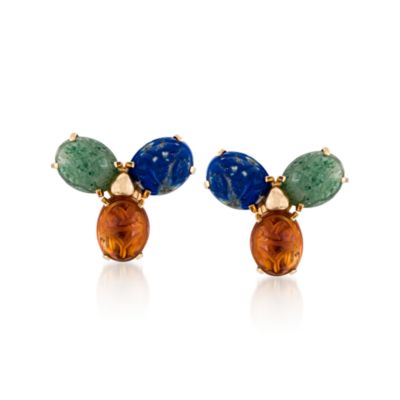 C. 1960 Vintage Multi-Gem Scarab Earrings In 14kt Yellow Gold &mdash; Alt Image 1