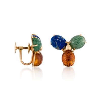 C. 1960 Vintage Multi-Gem Scarab Earrings In 14kt Yellow Gold &mdash; Alt Image 2