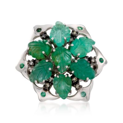 7.40 ct. t.w. Carved Emerald and .40 ct. t.w. Diamond Leaf Ring in Sterling Silver &mdash; Alt Image 1