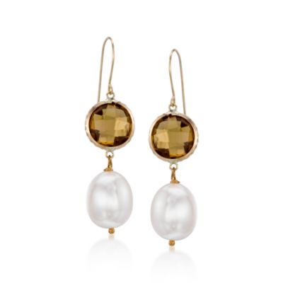 8.10 ct. t.w. Cognac Quartz and 10-11mm Cultured Pearl Dangle Earrings In 14kt Yellow Gold &mdash; Alt Image 1