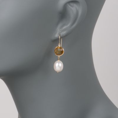 8.10 ct. t.w. Cognac Quartz and 10-11mm Cultured Pearl Dangle Earrings In 14kt Yellow Gold &mdash; Alt Image 2