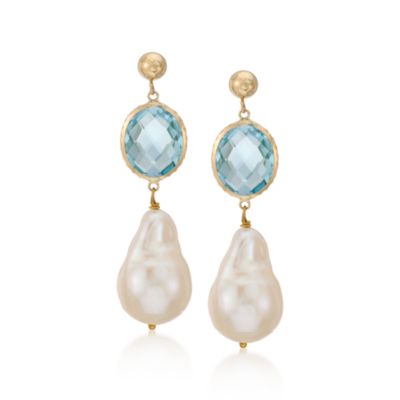 10.00 ct. t.w. Blue Topaz and 12-13mm Baroque Pearl Earrings In 14kt Yellow Gold &mdash; Alt Image 1