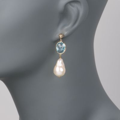 10.00 ct. t.w. Blue Topaz and 12-13mm Baroque Pearl Earrings In 14kt Yellow Gold &mdash; Alt Image 2