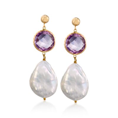 9.90 Amethyst and 16-18mm  Cultured Baroque Pearl Drop Earrings in 14kt Yellow Gold &mdash; Alt Image 1