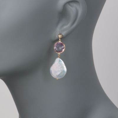 9.90 Amethyst and 16-18mm  Cultured Baroque Pearl Drop Earrings in 14kt Yellow Gold &mdash; Alt Image 2