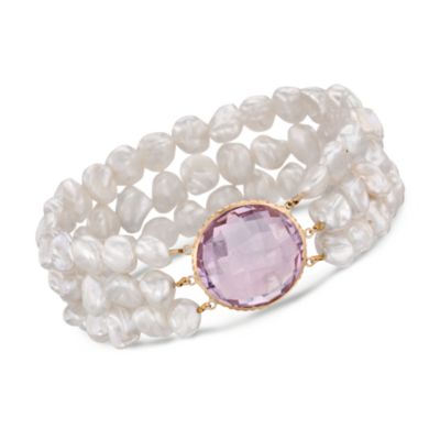 7-8mm Keshi Pearl and 18.00 Carat Amethyst Bracelet With 14kt Yellow Gold. Adjustable Size &mdash; Alt Image 1
