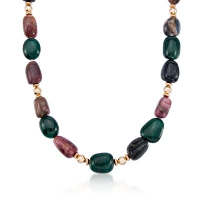 400.00 ct. t.w. Tourmaline and Emerald Bead Necklace In 14kt Yellow Gold &mdash; Alt Image 1