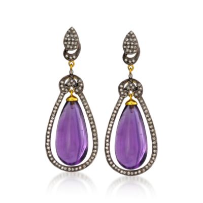 41.00 ct. t.w. Amethyst and 1.15 ct. t.w. Diamond Drop Earrings In Sterling Silver and 14kt Yellow Gold &mdash; Alt Image 1