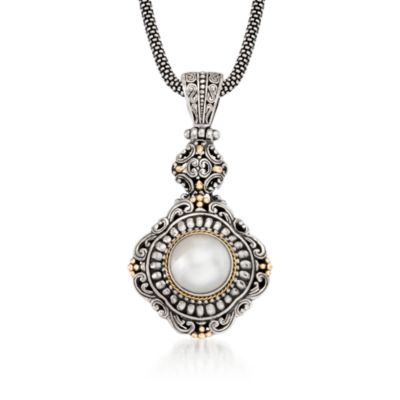 Balinese 13mm Cultured Mabe Pearl Necklace in Sterling Silver and 18kt Yellow Gold. 18" &mdash; Alt Image 1