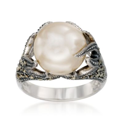 Marcasite and 13mm Faux Pearl Ring in Sterling Silver &mdash; Alt Image 1