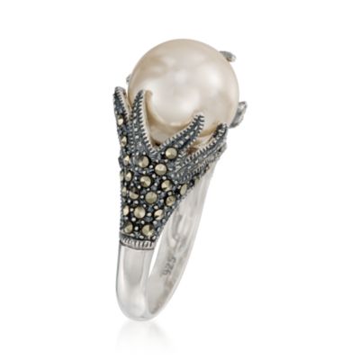 Marcasite and 13mm Faux Pearl Ring in Sterling Silver &mdash; Alt Image 3