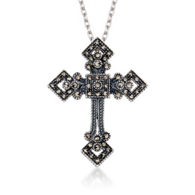 Marcasite Cross Pendant Necklace In Sterling Silver. 18" &mdash; Alt Image 1