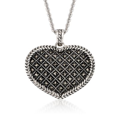 Marcasite Puffed Heart Pendant Necklace in Sterling Silver. 18" &mdash; Alt Image 1