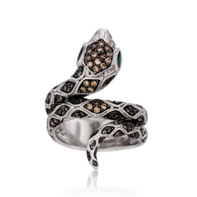 .50 ct. t.w. Brown and White Diamond Snake Ring With .20 ct. t.w. Emeralds In Sterling Silver &mdash; Alt Image 1