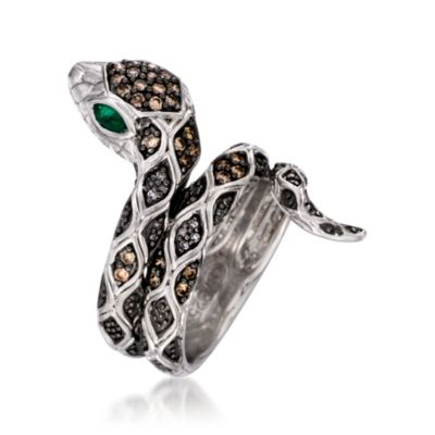 .50 ct. t.w. Brown and White Diamond Snake Ring With .20 ct. t.w. Emeralds In Sterling Silver &mdash; Alt Image 3