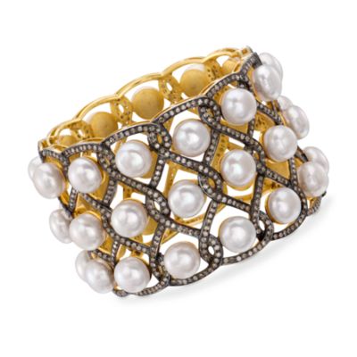 10-10.5mm Cultured Pearl and 9.85 ct. t.w. Diamond Lattice Bangle Bracelet In Two-Tone. 7" &mdash; Alt Image 1