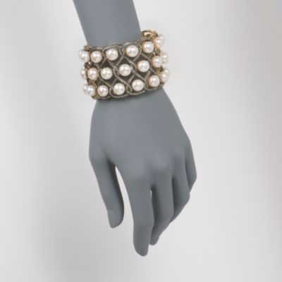 10-10.5mm Cultured Pearl and 9.85 ct. t.w. Diamond Lattice Bangle Bracelet In Two-Tone. 7" &mdash; Alt Image 2